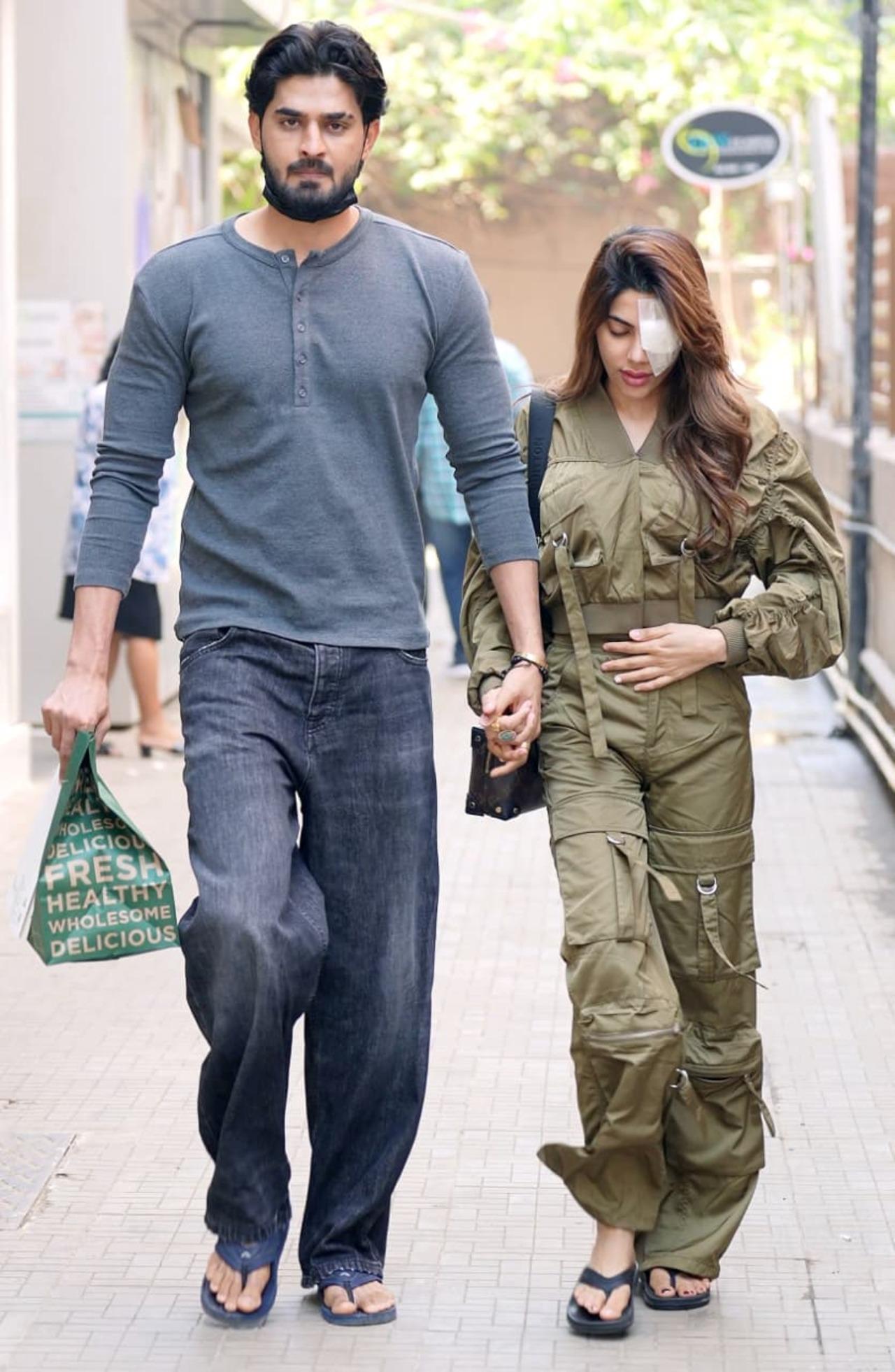 Nikki Tamboli was seen leaving the hospital after an eye injury, with boyfriend Arbaz.